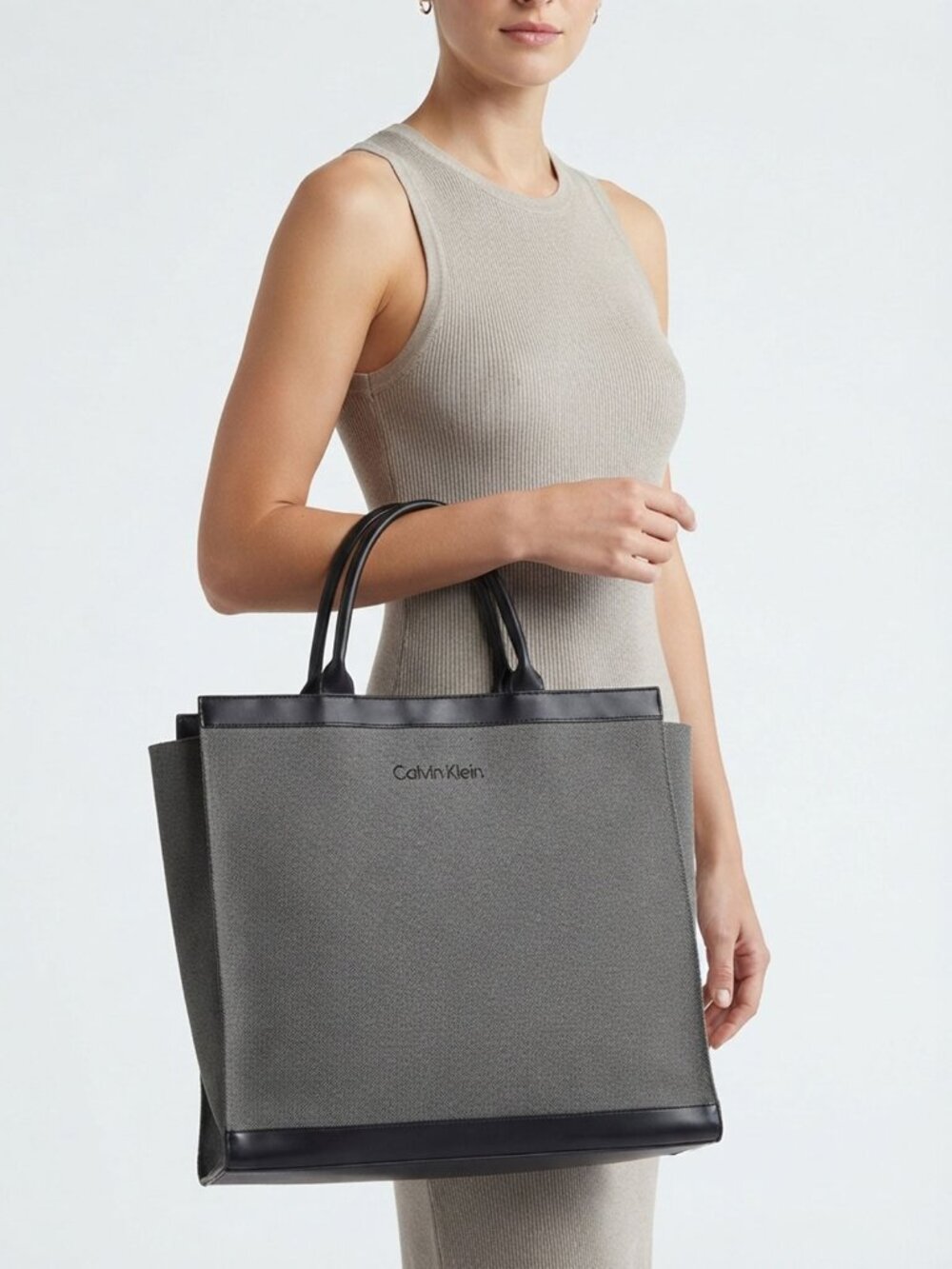 Calvin Klein Grey Canvas Black Trim Large Shopper Tote Bag Minimalist Purse